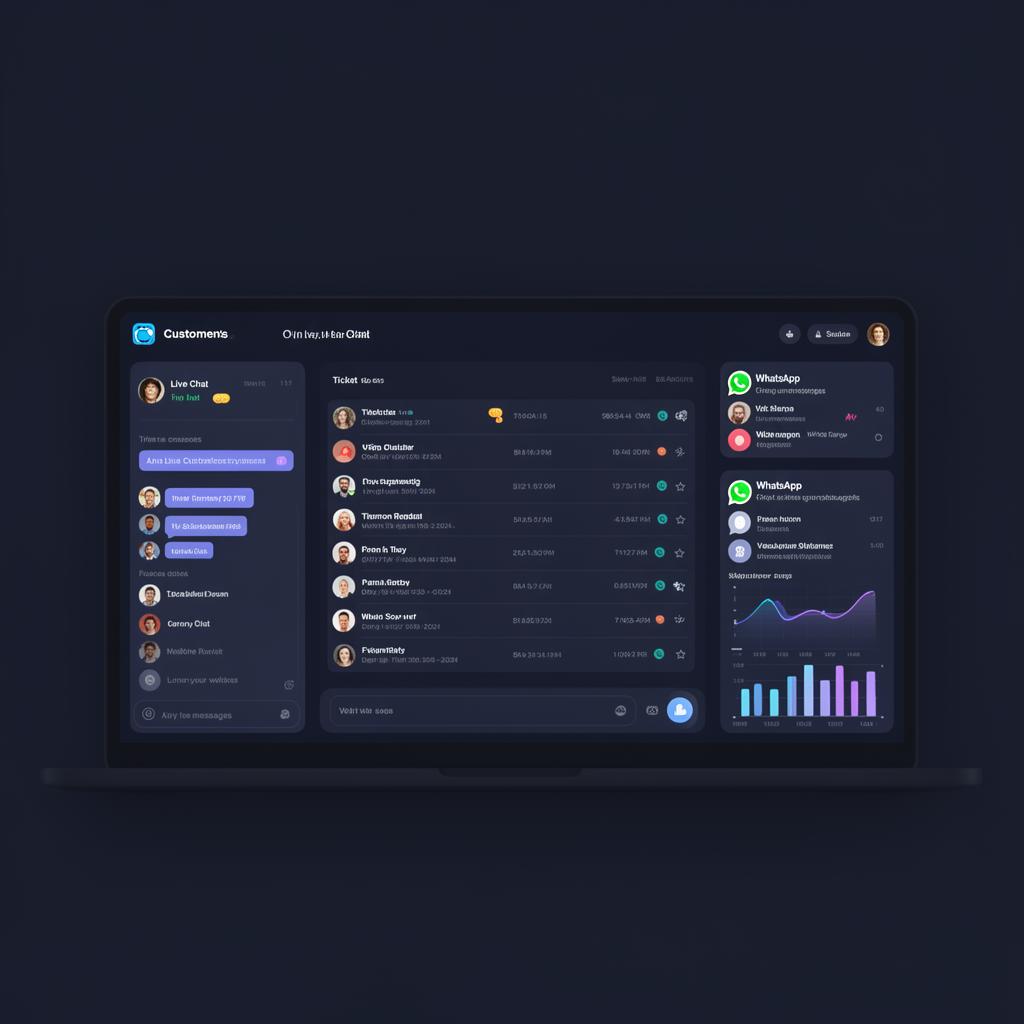 Customer service system dashboard showing live chat, tickets, and WhatsApp integration